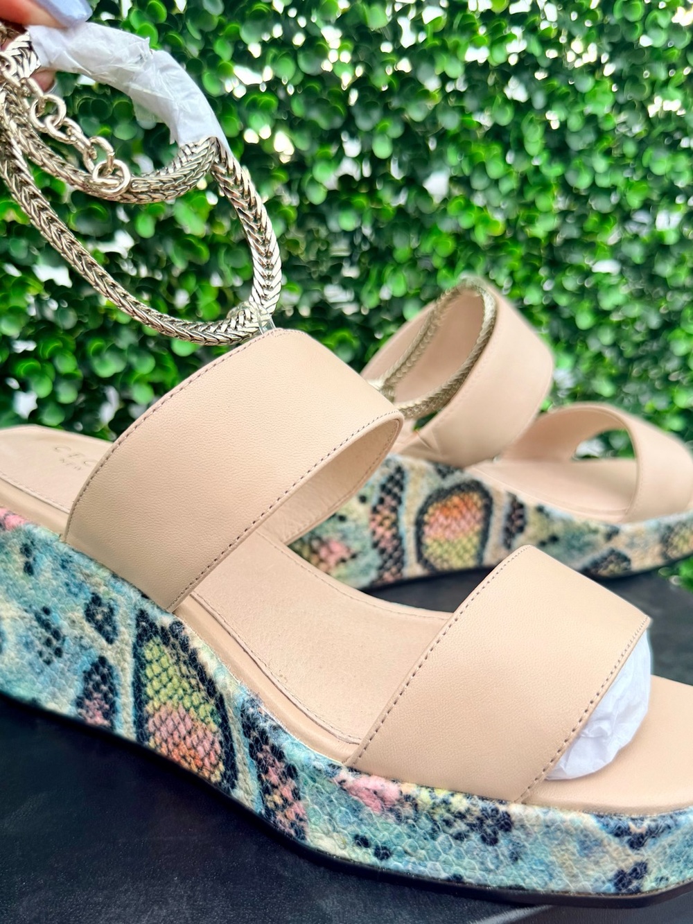 Cecelia BALEVES Snakeskin Wedges w/ Ankle Chain - Colorful Sandals - NEW IN BOX
